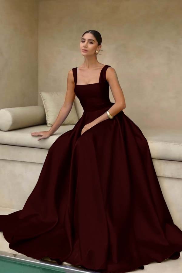 Stain Straps Sleeveless A Line Long Prom Dress With Pleated