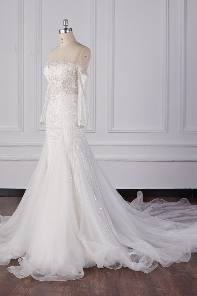 BMbridal Gorgeous Strapless White Tulle Lace Wedding Dress Long Sleeves Beadings Bridal Gowns On Sale-BMbridal