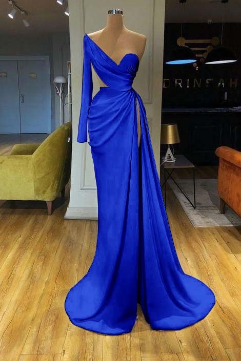 White Long Sleeve Sweetheart Mermaid Prom Dress One Shoulder With Split