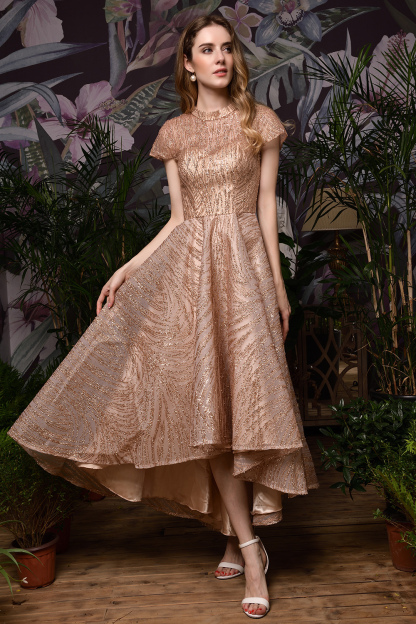 BMbridal Glamorous Rose Gold Sequins Prom Dress Short Sleeve Evening Gowns Online