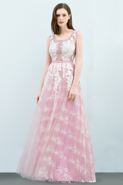 BMbridal Elegant Pink Sleeveless Prom Dress Tulle Long Evening Gowns With Lace Appliques