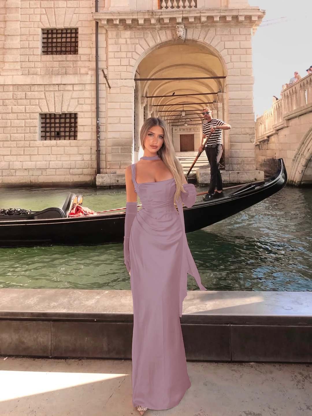 Spaghetti Strap Sleeveless Long Mermaid Prom Dress With Gloves