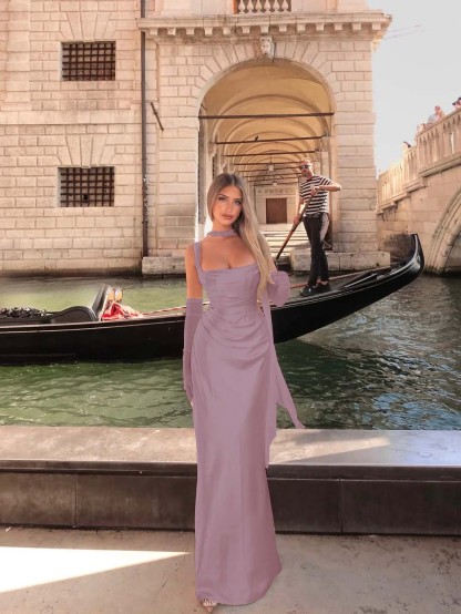 Spaghetti Strap Sleeveless Long Mermaid Prom Dress With Gloves