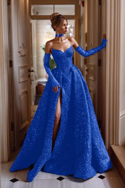 Strapless Sleeveless Long Split Prom Dress With Sequins Detachable sleeves