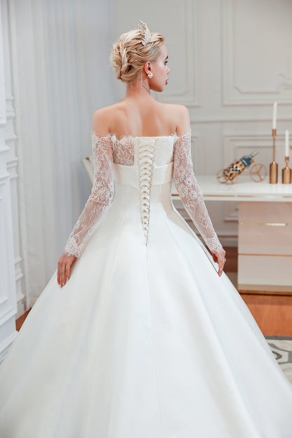 BMbridal Long Sleeve Off-the-Shoulder Satin Wedding Dress With Lace