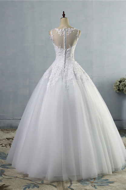 BMbridal Ball Gown Jewel Tulle Lace Wedding Dress White Appliques Sleeveless Bridal Gowns On Sale