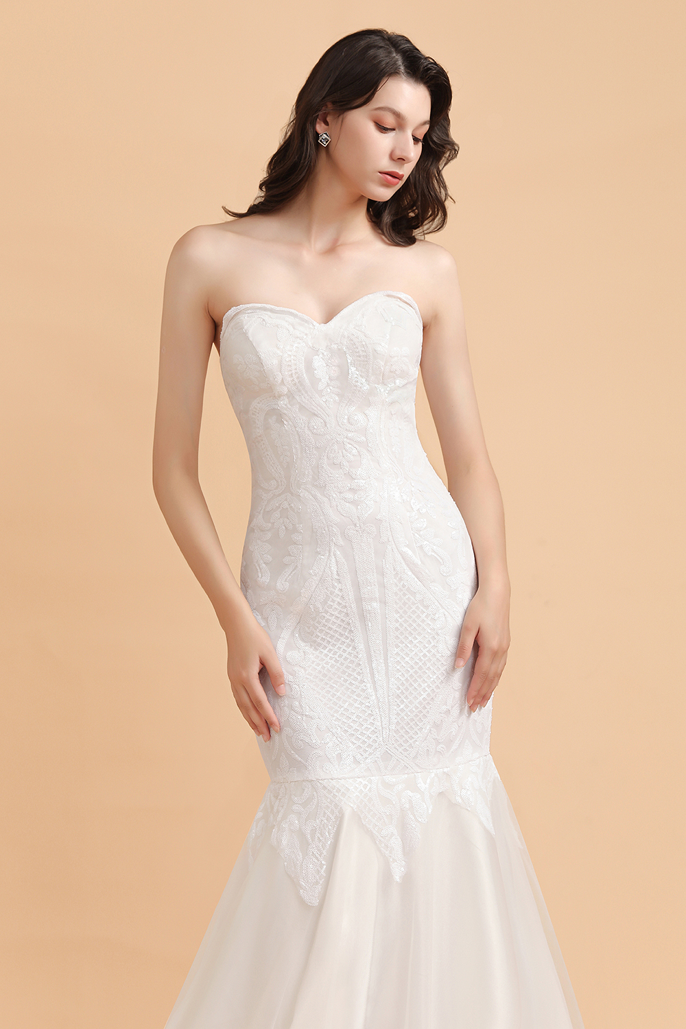 BMbridal Chic Strapless Sweetheart Ivory Mermaid Prom Dresses Sleeveless Appliques Sequined Evening Dresses On Sale-BMbridal