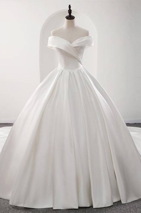 BMbridal Glamorous White Satin Ruffles Wedding Dresses Off-the-shoulder A-line Bridal Gowns Online-BMbridal