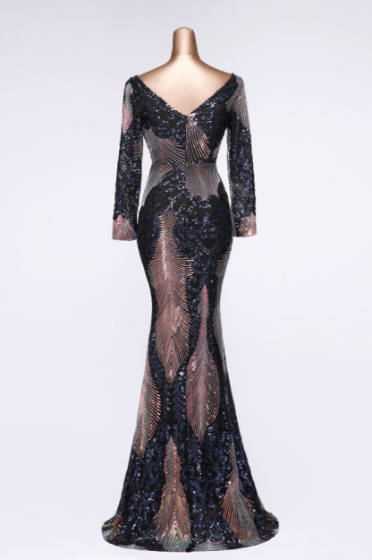 BMbridal Sparkly Sequined V-Neck Mermaid Long Prom Dresses with Long Sleeves Online