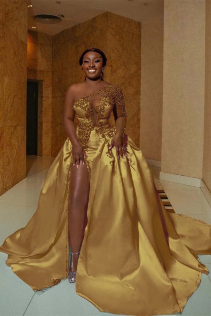 One Shoulder Sleeveless Long Split Prom Dress With Appliques