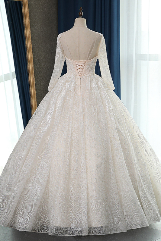 BMbridal Glamorous Ball Gown Jewel Appliques Wedding Dress Long Sleeves Bridal Gowns Online