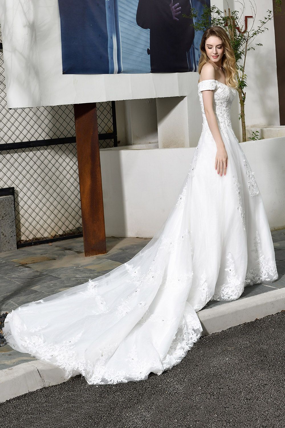 BMbridal Gorgeous Lace Off-the-Shoulder Long Wedding Dress with Beadings