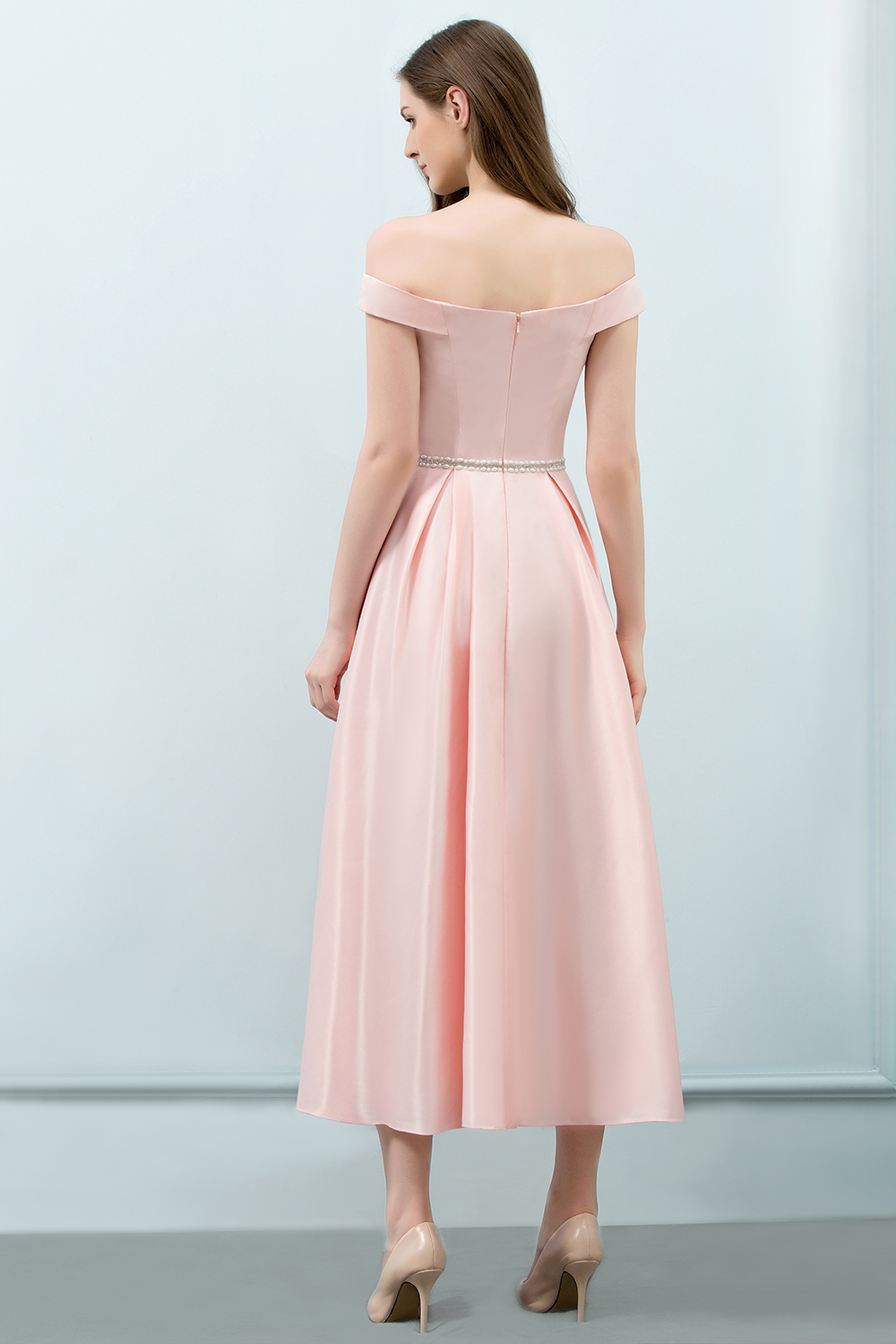 BMbridal A-line Off-shoulder Tea Length Pink Prom Dress with Sash