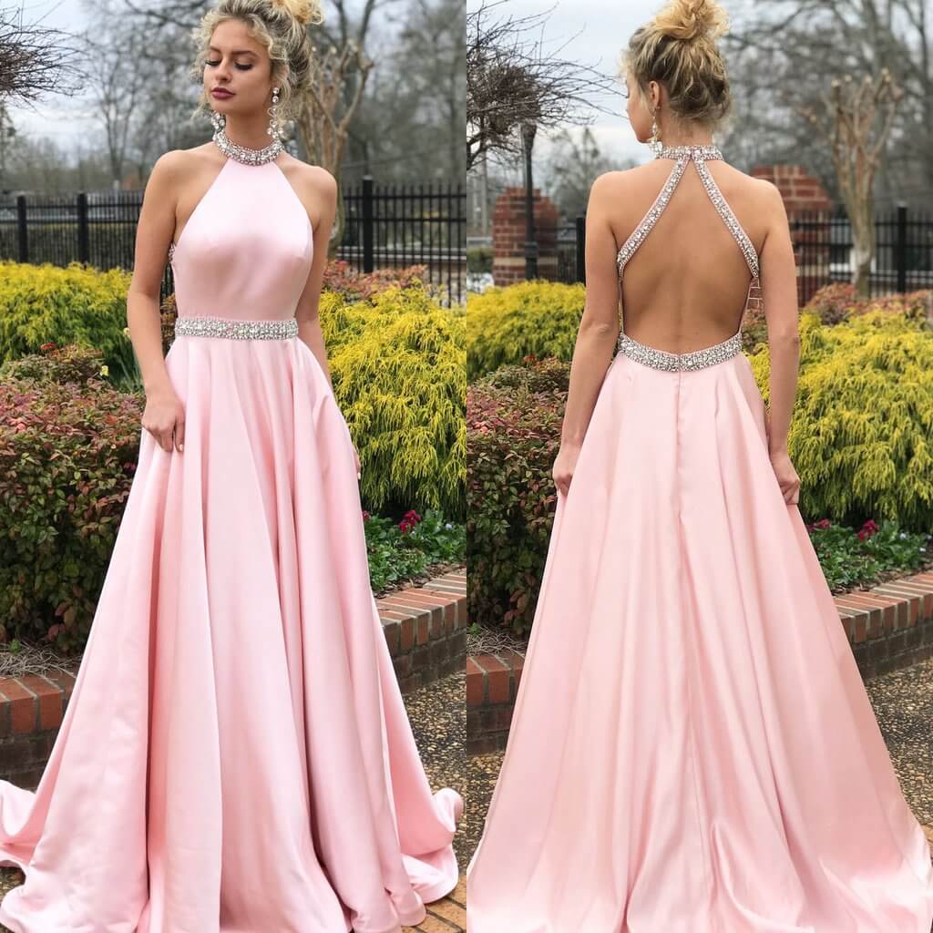 Bmbridal Pink Halter Sleeveless Prom Dress Long With Crystals