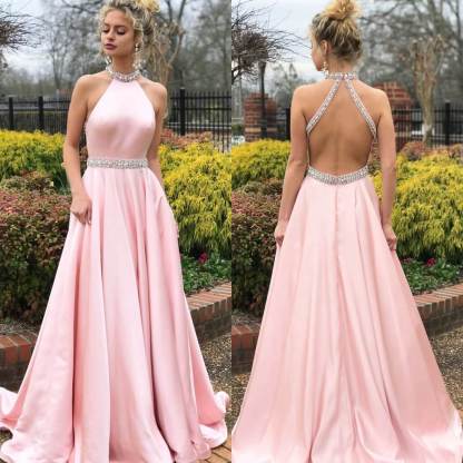 Bmbridal Pink Halter Sleeveless Prom Dress Long With Crystals