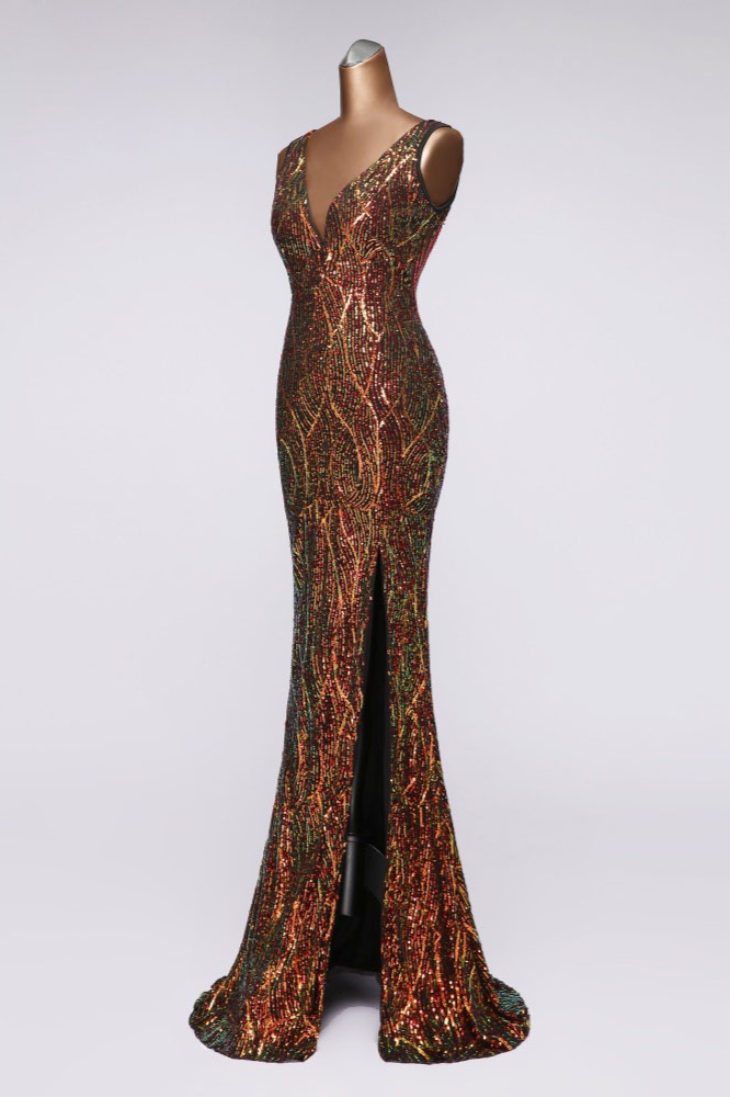 BMbridal Luxury V-Neck Backless Sequins Mermaid Prom Dresses with Front Slit