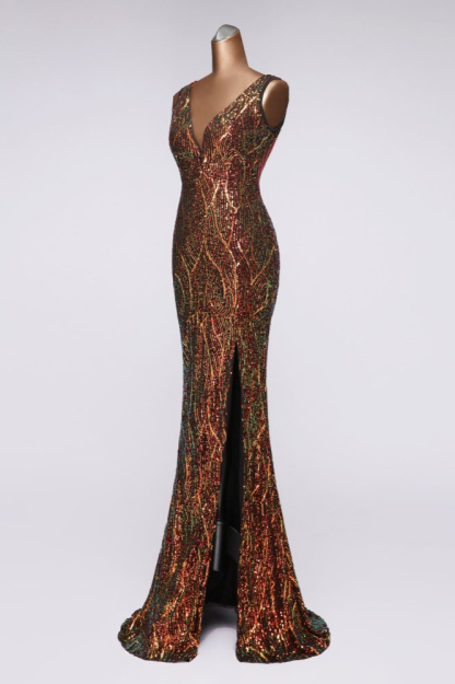 BMbridal Luxury V-Neck Backless Sequins Mermaid Prom Dresses with Front Slit