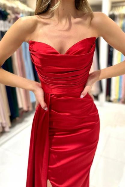 Bmbridal Red Strapless Prom Dress Mermaid Slit With Pleats