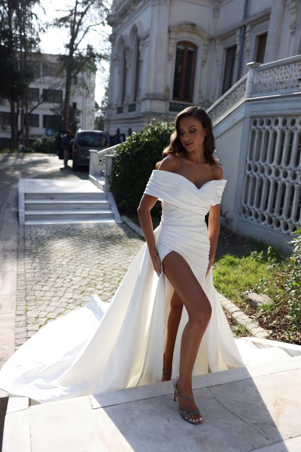 Bmbridal Off-the-Shoulder Mermaid Wedding Dress Satin Long With Slit-BMbridal