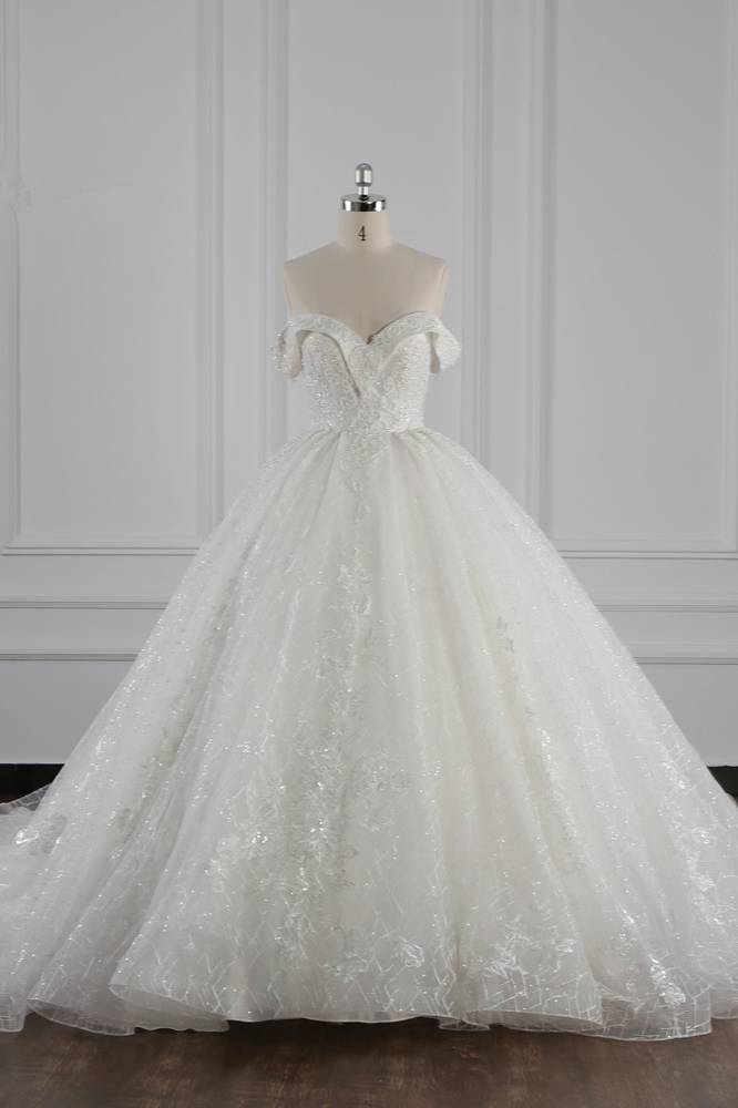 BMbridal Luxury Ball Gown Off-the-Shoulder Tulle Lace Wedding Dress Appliques Sleeveless Bridal Gowns On Sale-BMbridal