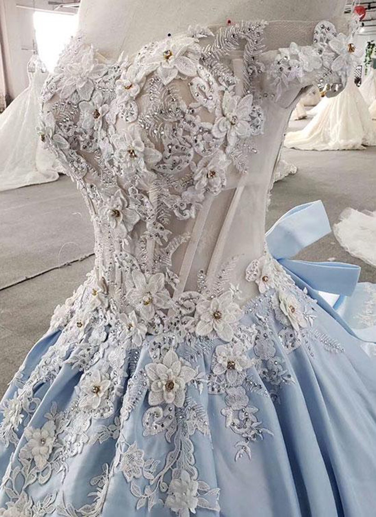 BMbridal AffordableLight Blue Satin Sweep Train Wedding Dress Off Shoulder Sleeveless Bridal Gowns On Sale-BMbridal