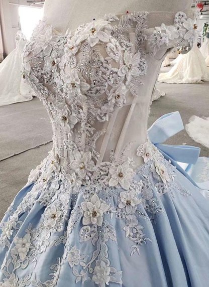 BMbridal AffordableLight Blue Satin Sweep Train Wedding Dress Off Shoulder Sleeveless Bridal Gowns On Sale-BMbridal
