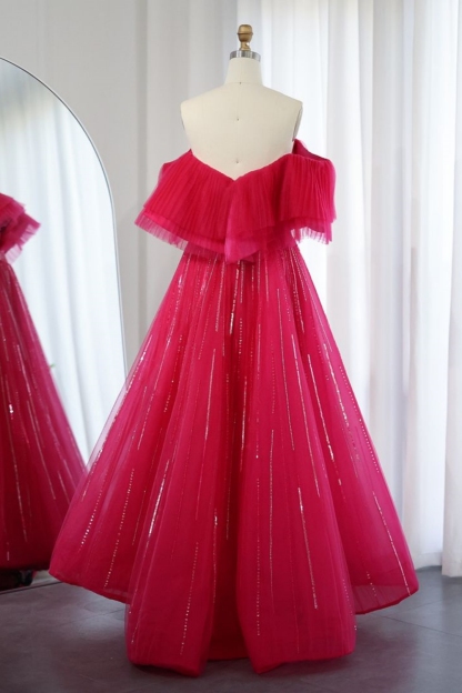 Bmbridal Fuchsia A-Line Tulle Sweetheart Floor-Length Prom Dresses with Ruffles