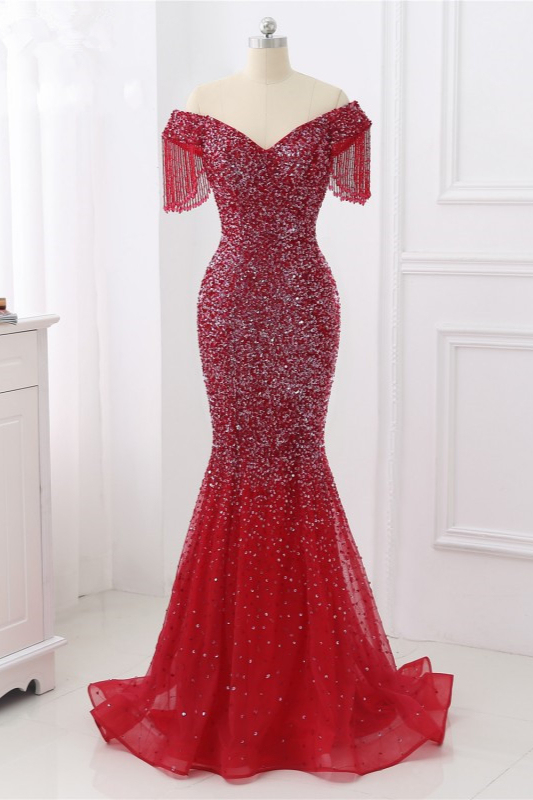 BMbridal Luxury Off-the-Shoulder Sequins Burgundy Mermaid Prom Dresses with Tassels