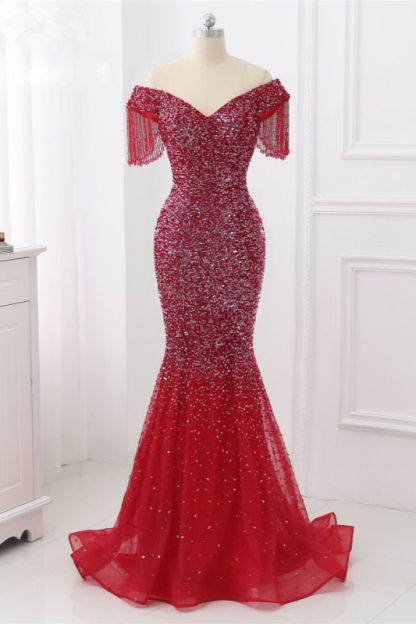 BMbridal Luxury Off-the-Shoulder Sequins Burgundy Mermaid Prom Dresses with Tassels