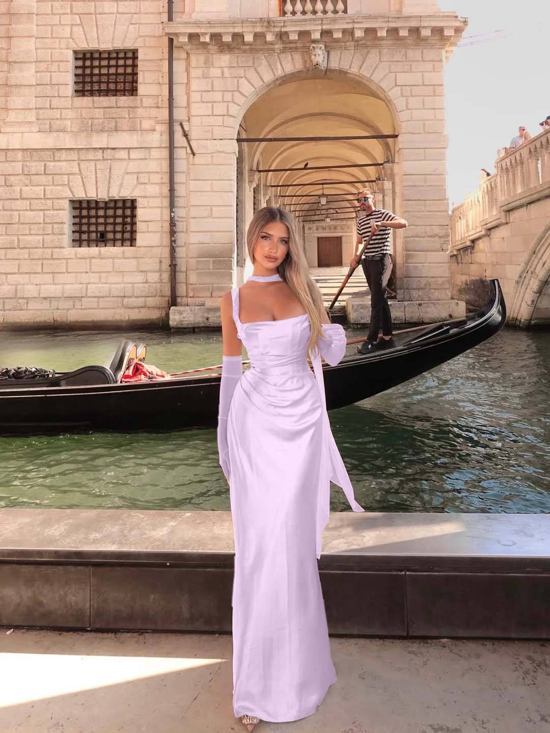 Spaghetti Strap Sleeveless Long Mermaid Prom Dress With Gloves