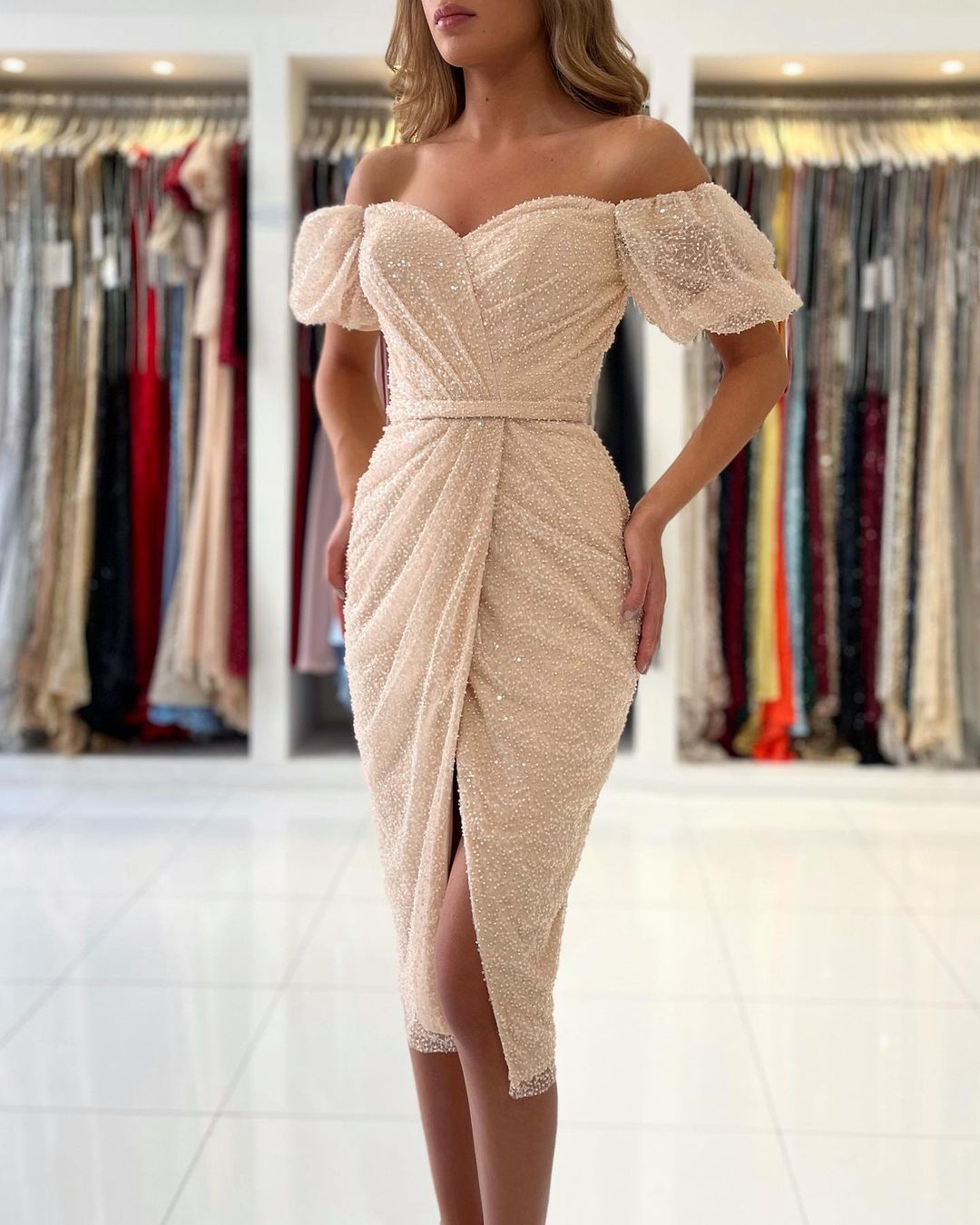 Bmbridal Off-the-Shoulder Sequins Prom Dress Short Sleeves Knee-Length