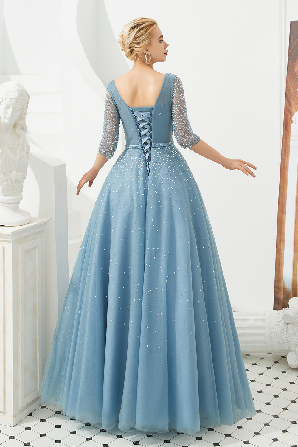 BMbridal Dusty Blue V-Neck Half-Sleeve Prom Dress Long With Beadings Lace-up