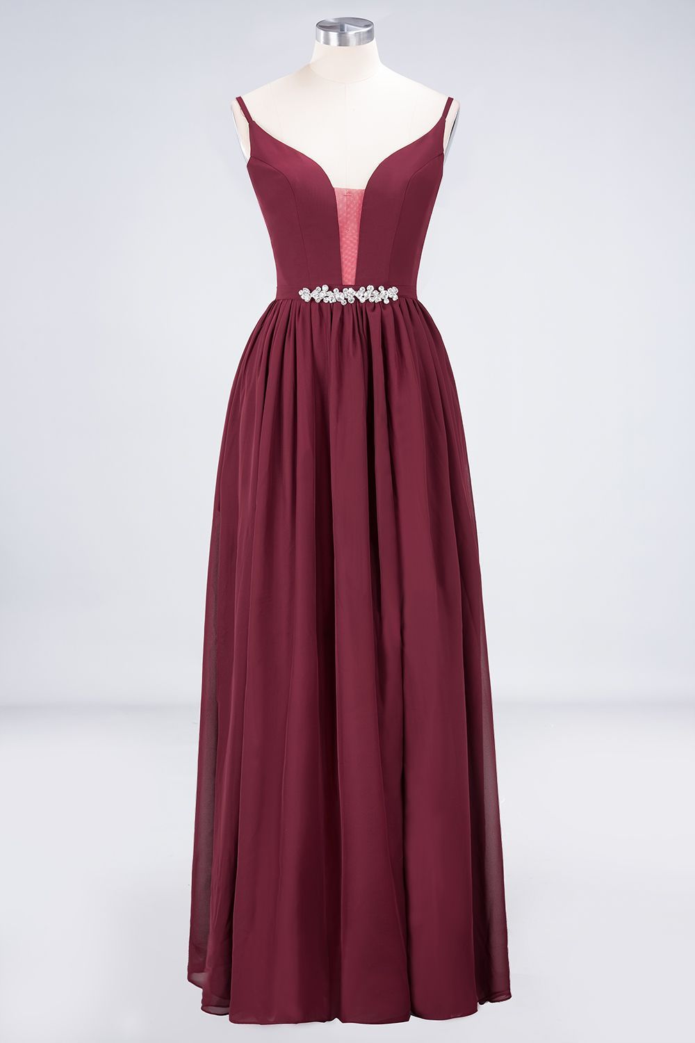 BMbridal Sexy Deep-V-Neck Appliques Burgundy Chiffon Bridesmaid Dress with Slit-BMbridal