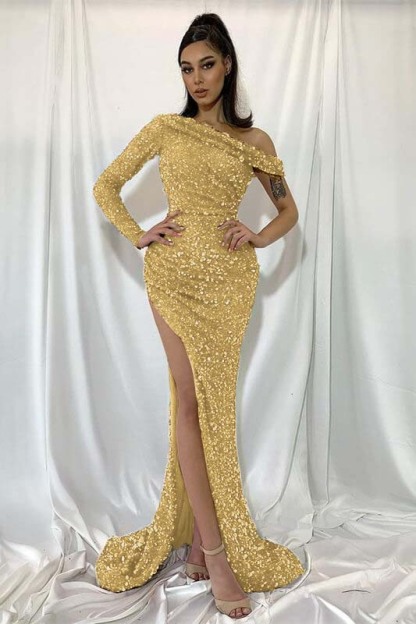 Sequins Mermaid Red One Shoulder Long Sleeve Long Prom Dress With Split