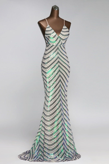 BMbridal Sparkly Stripe Sequins Mermaid Long Prom Dresses with Spaghetti Straps