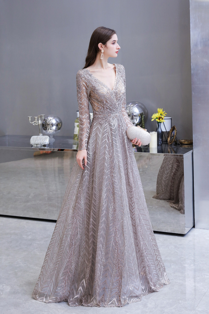 BMbridal Sexy V-Neck Long Sleeve Prom Dress Appliques A-Line Evening Gowns