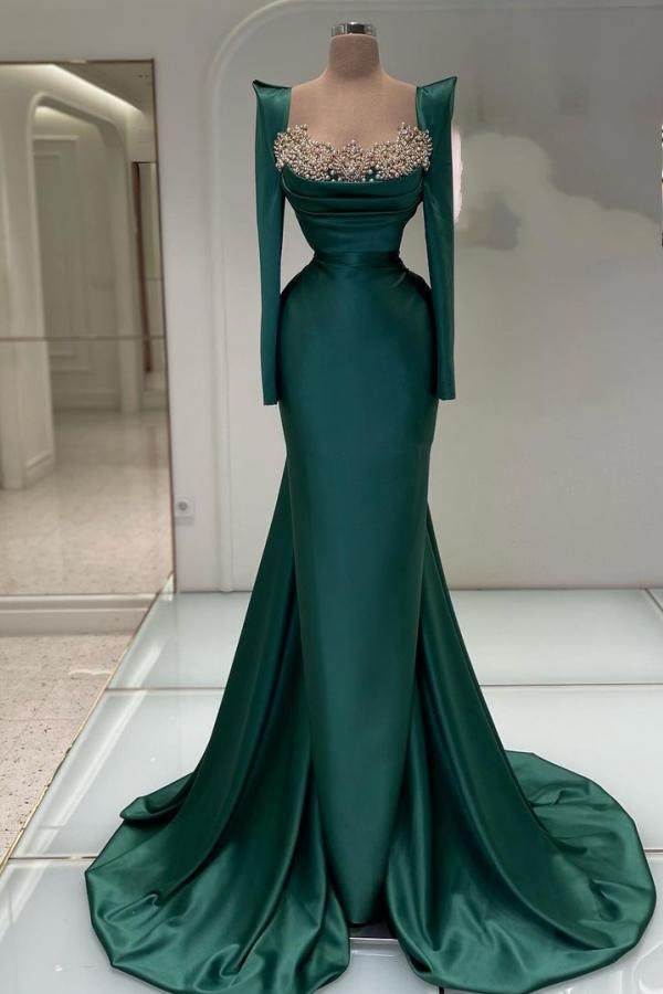 Bmbridal Dark Green Prom Dress Mermaid Long Sleeves With Pearls-BMbridal