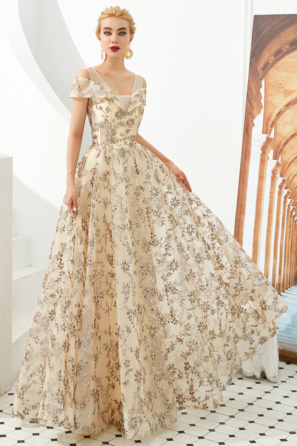 BMbridal Gold Off-the-Shoulder Sequins Prom Dress Long With Lace-Up Back