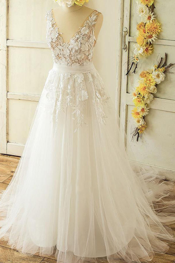 BMbridal Glamorous Straps Appliques A-line Wedding Dresses White Tulle Bridal Gowns On Sale-BMbridal