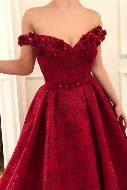 BMbridal Off-the-Shoulder Lace Burgundy Prom Dresses Princess