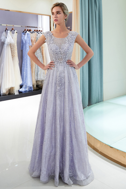 BMbridal Glamorous A-line Jewel Sleeveless Prom Dresses Lace Appliques Formal Dresses with Pearls