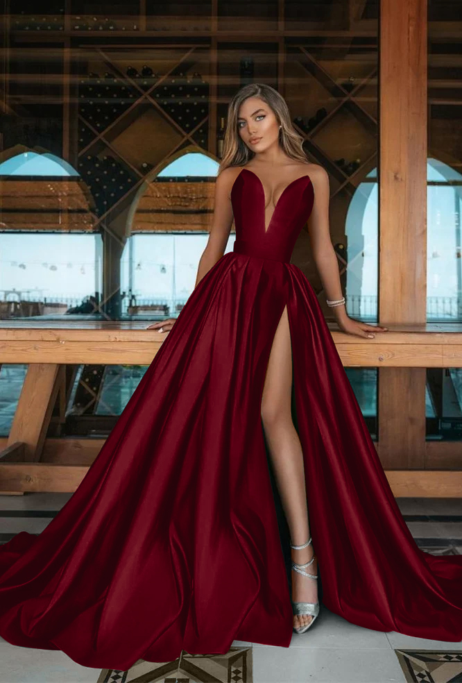 Long Deep V Neck Sleeveless Emerald A Line Green Prom Dress With Side Split