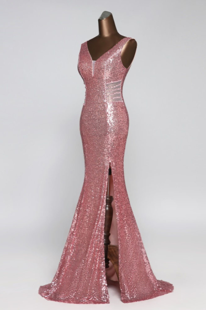 BMbridal Affordable V-Neck Pink Mermaid Prom Dresses with Front-Slit Online