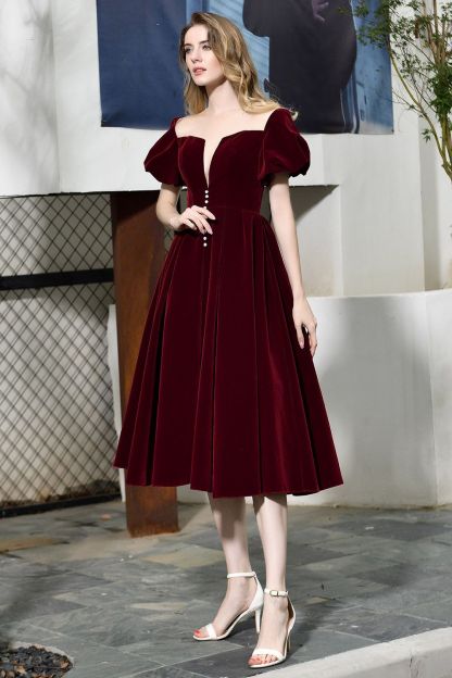 BMbridal Vintage Bugrundy Short Sleeve Prom Dress Tea-Length Party Gowns With Lace-up