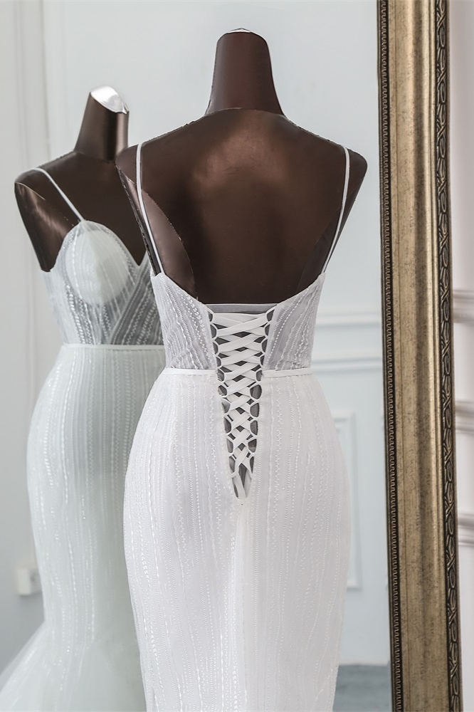 BMbridal Sexy Tulle Spaghetti Straps Mermaid White Wedding Dresses with Rhinestones Online