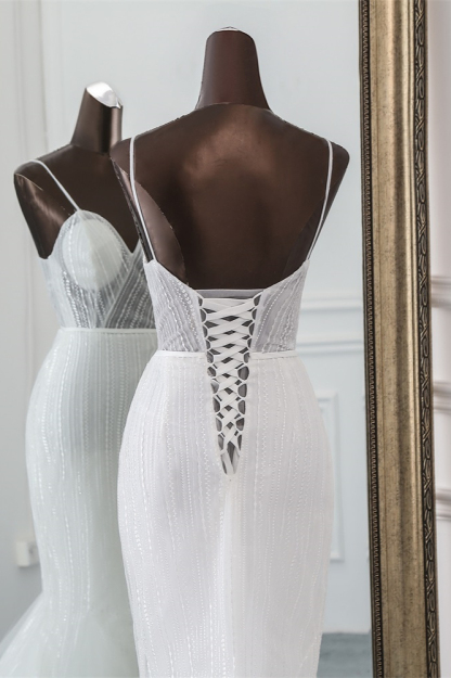 BMbridal Sexy Tulle Spaghetti Straps Mermaid White Wedding Dresses with Rhinestones Online