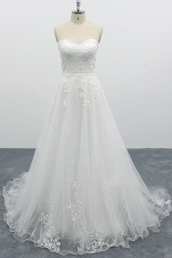 BMbridal Strapless Tulle Chapel Train A-line Wedding Dress On Sale-BMbridal