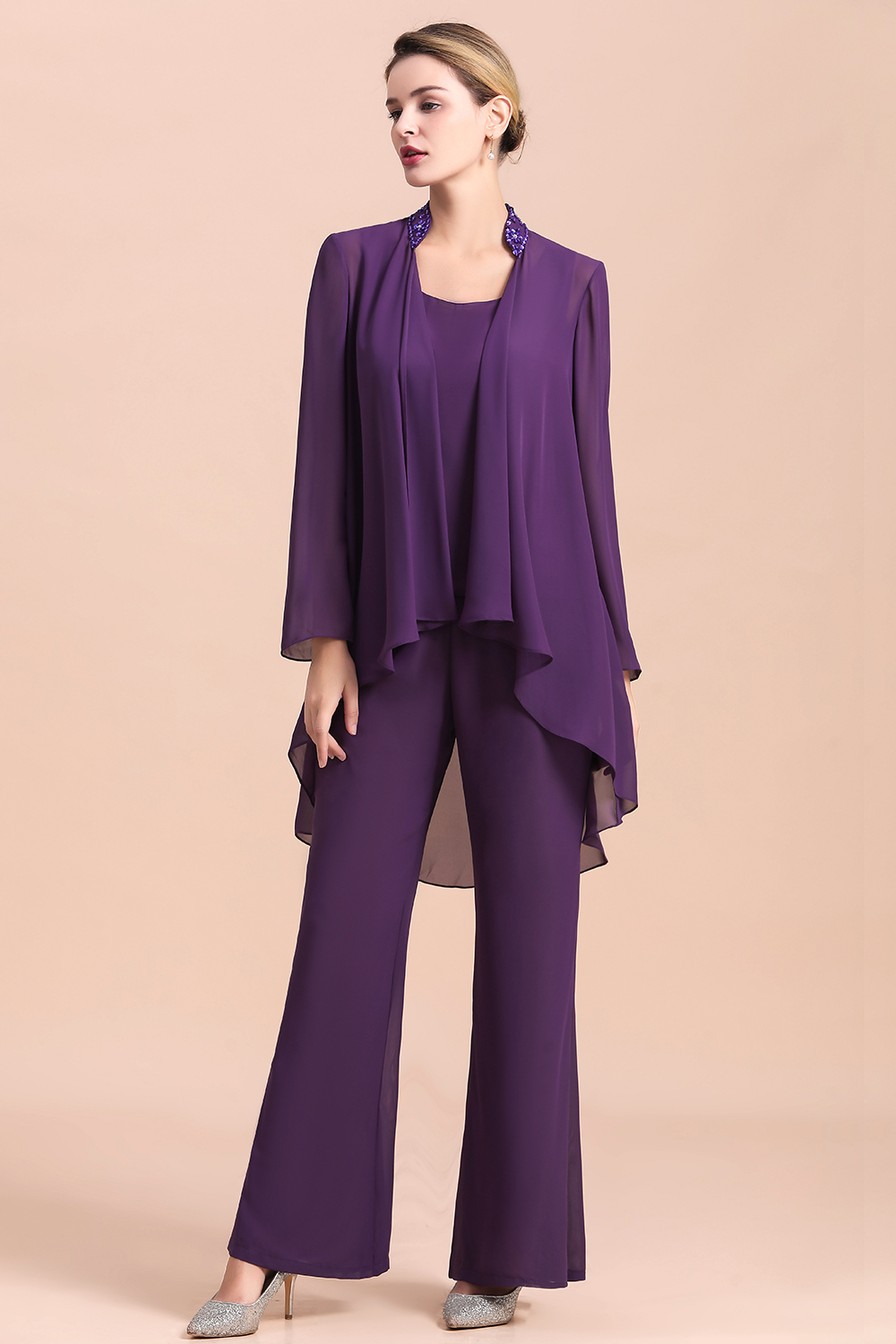 BMbridal Affordable Straps Beading Grape Chiffon Mother of Bride Jumpsuit Online with Wrap-BMbridal