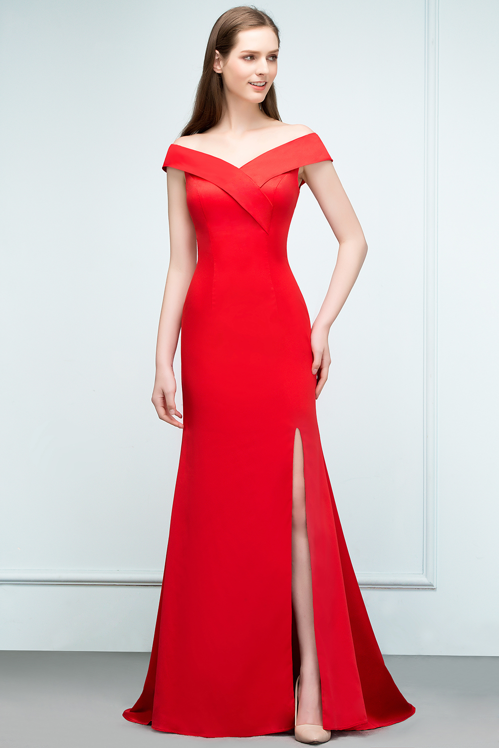 BMbridal Red Off-the-Shoulder Mermaid Prom Dress Long With Split