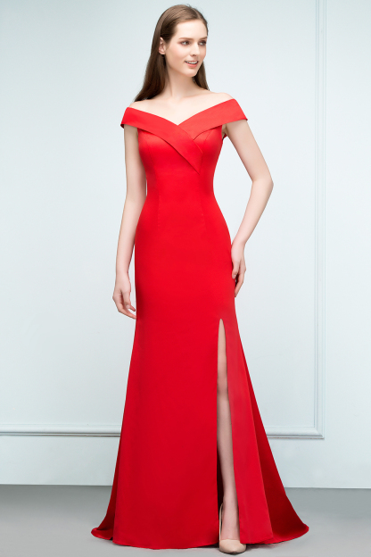 BMbridal Red Off-the-Shoulder Mermaid Prom Dress Long With Split